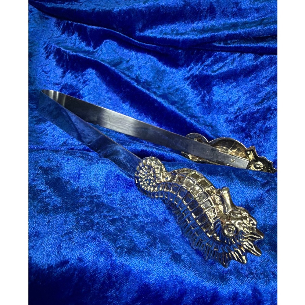Vintage Silver Tone Seahorse Ice‎ Tongs Nautical Barware Coastal Serving Tool 8"